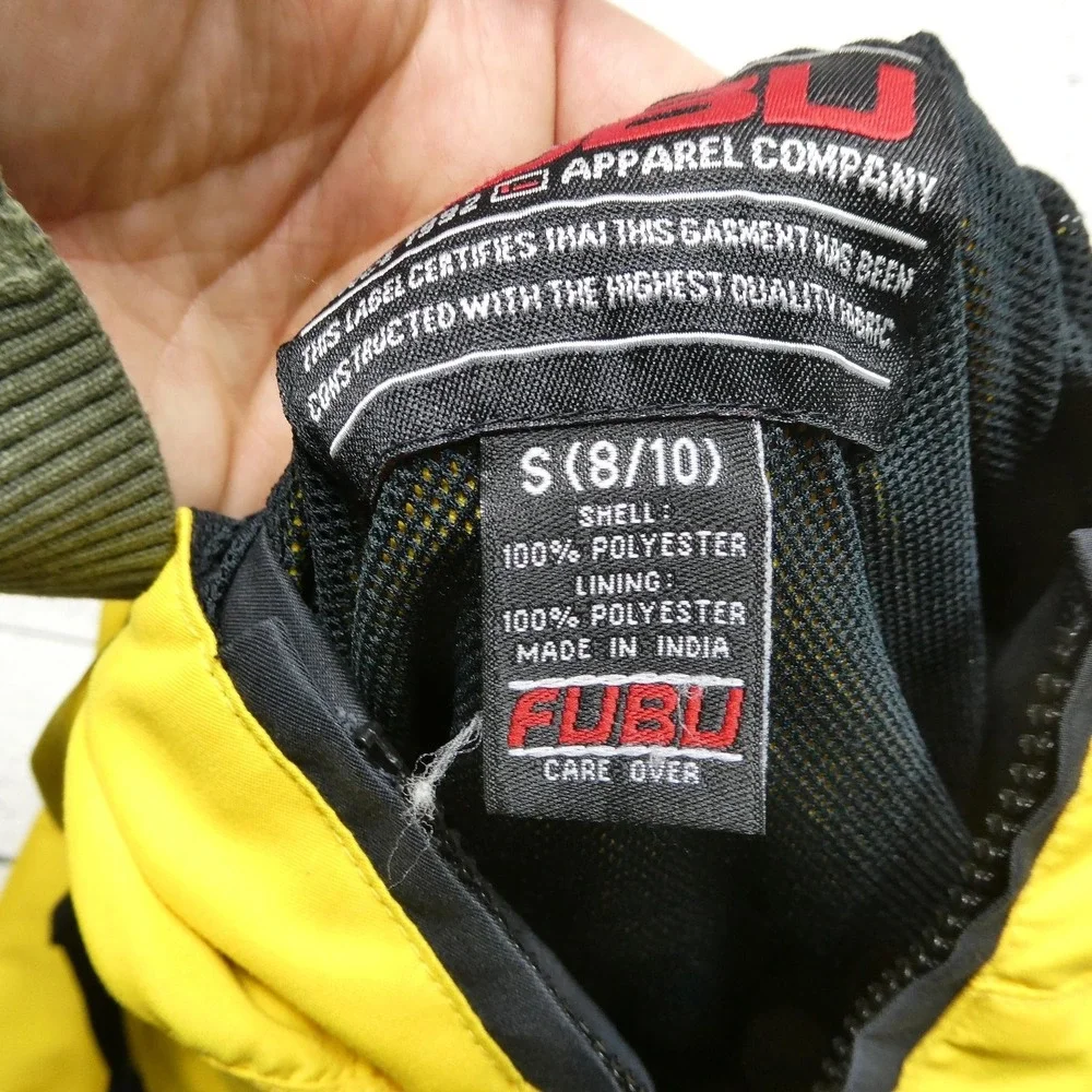 FUBU‎ Jacket Youth Small 8/10 Yellow Black Hooded Windbreaker Zip Pockets Lined